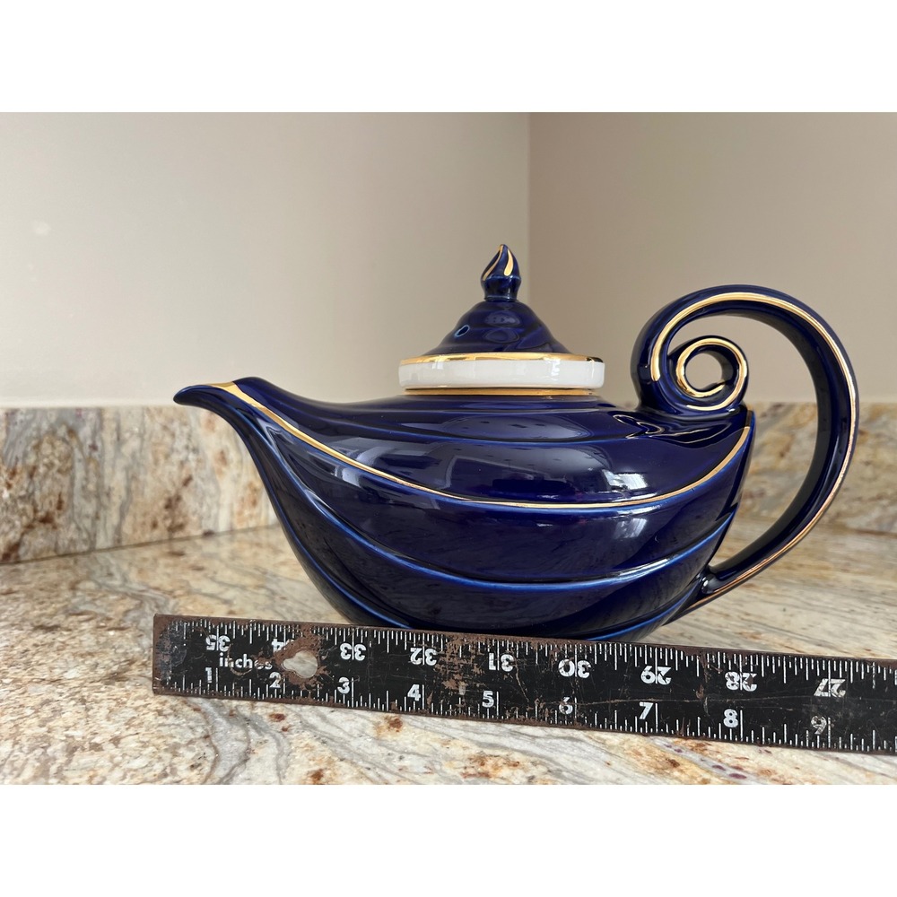 Hall Vtg Aladdin China Teapot Blue Gold Accent 6 Cup Teapot with Strainer 1930s - Picture 6 of 7